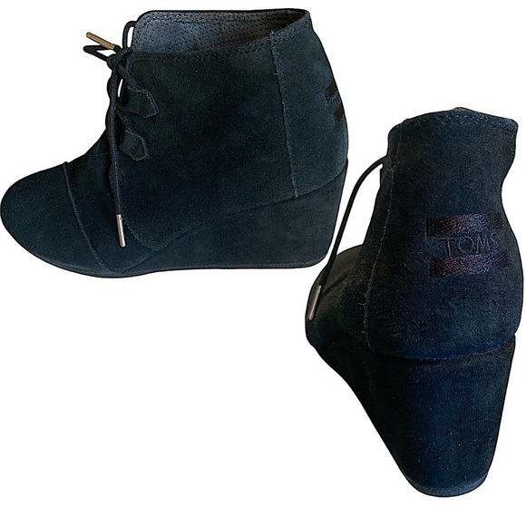 TOMS Suede Kala Wedge Booties Black Lace Up Women’s Size 10 - Picture 2 of 10